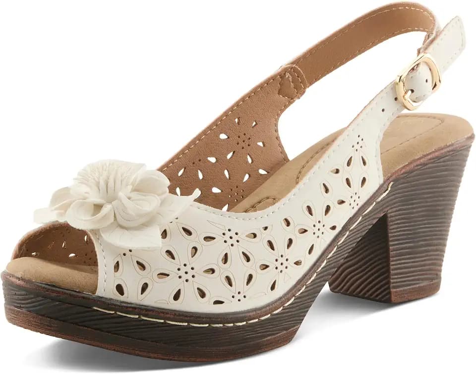 PATRIZIA Women’s Doriday Slingback Sandals Peep Toe - Adjustable Buckle Strap Dimensional Flower Design - Comfort Heel Platform Synthetic Upper PU Outsole
