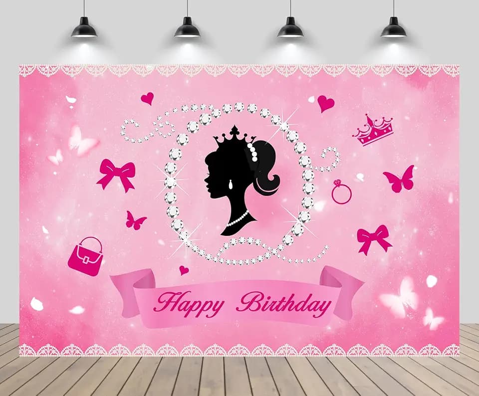 9x6ft Happy Birthday Backdrop Girls Birth Pink Theme Baby Doll Birthday Butterfly Crown Diamond Background Pink Theme Girl Doll Birth Party Baby Shower Party Decor Props