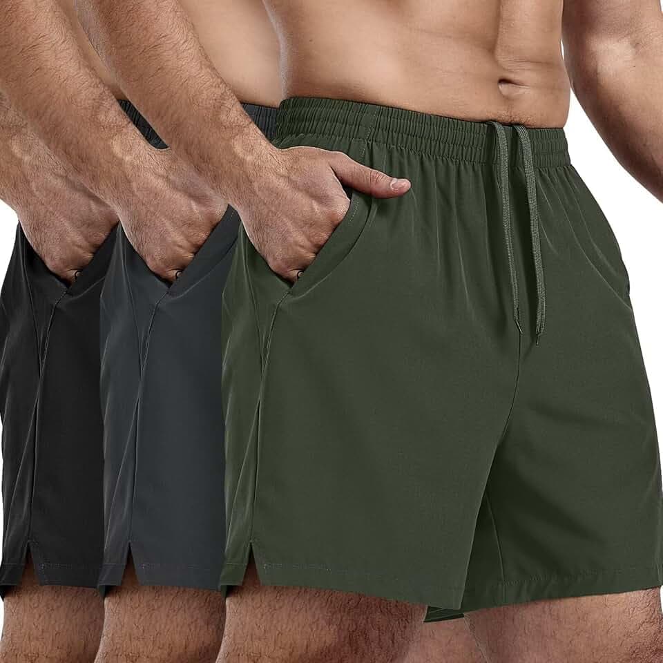 3 Pack Men's Athletic Running Shorts 5 Inch Gym Workout Shorts Quick Dry Active Sports Shorts with Zip Pockets(Black,Dark Gray,Army Green,S), Small