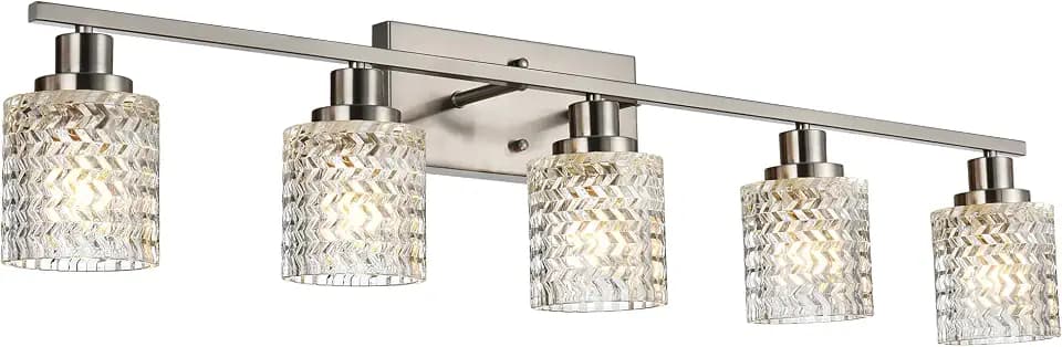 MELUCEE 5 Lights Brushed Nickel Bathroom Light Fixture with Hammered Glass