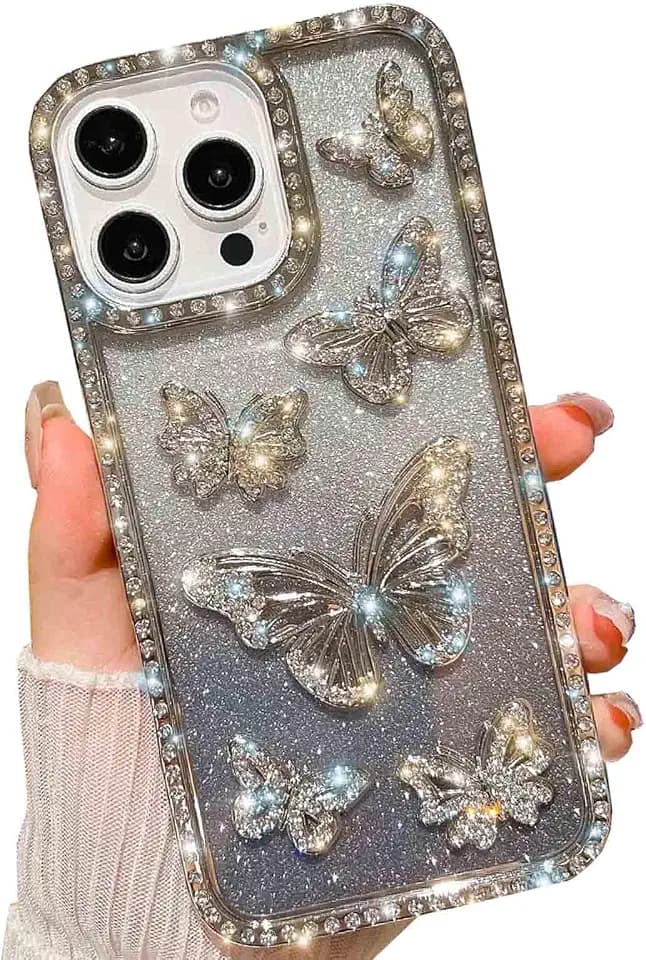 Girly for iPhone 16 Pro Max Bling 3D Glitter Butterfly Case(Silver)