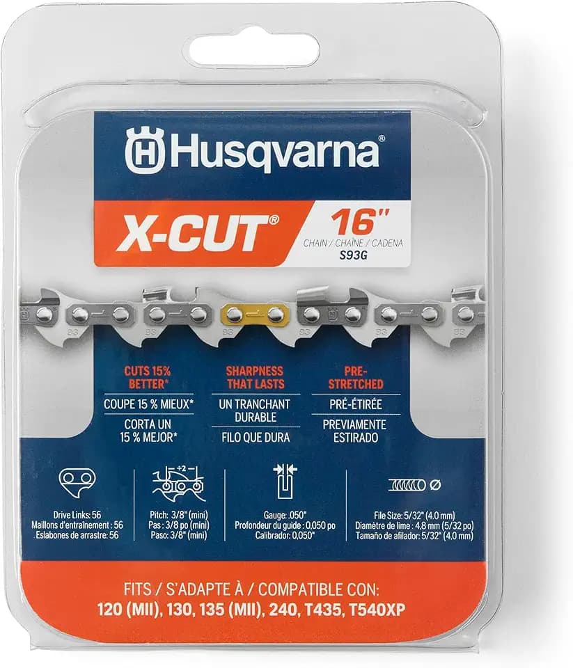 Husqvarna X-Cut S93G 16 Inch Chainsaw Chain, 3/8" Mini Pitch, .050" Gauge, 56 Drive Link Chainsaw Blade Replacement, Pre-Stretched and Low Kickback, Gray