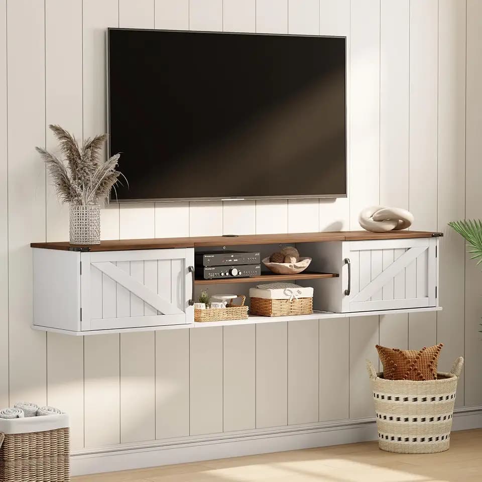 TV Lowboard Hängend, Schwebender TV-Schrank 160cm, Tisch für Fernseher bis zu 80 Zoll, TV Hängeboard Sideboard, Wandmontierter Fernsehschrank für Wohnzimmer, Schlafzimmer, Weiß Holz