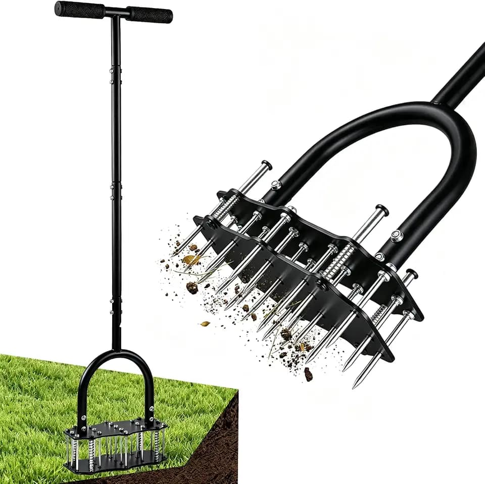Lawn Aerator Tool with 17 Spikes, Manual Yard Aerator, Black | 17-Spike Metal Design with Self-Cleaning Spring, 3-Level Adjustable Handle for Lawns, Patio, Garden