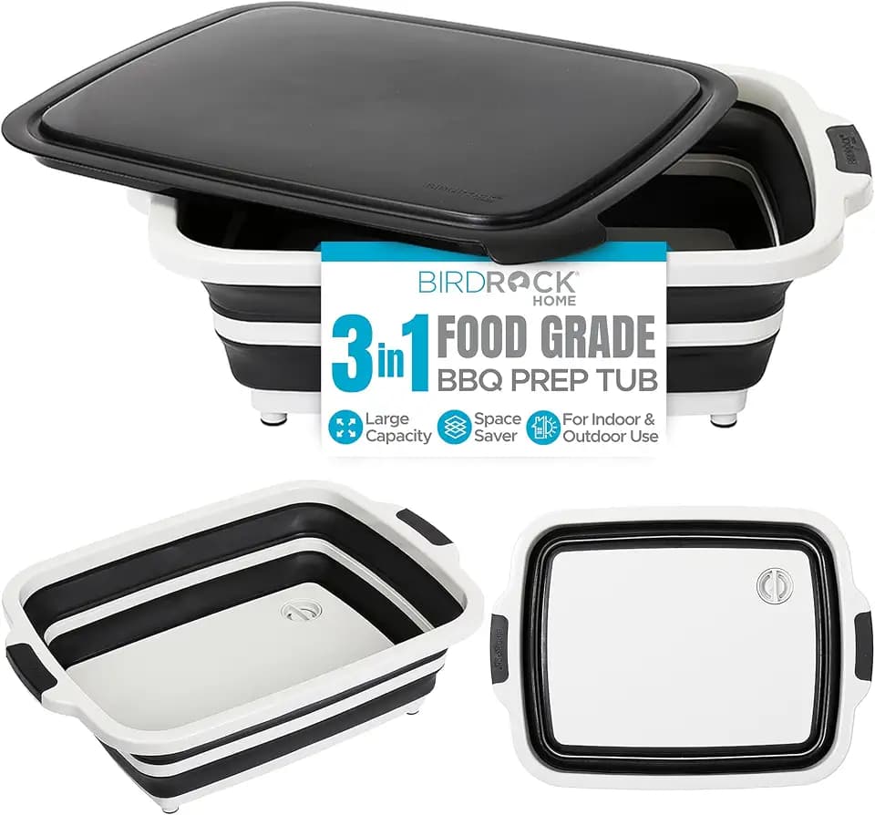 BIRDROCK HOME 11L Collapsible BBQ Prep Tub with Lid, Black, 19”L x 14”W