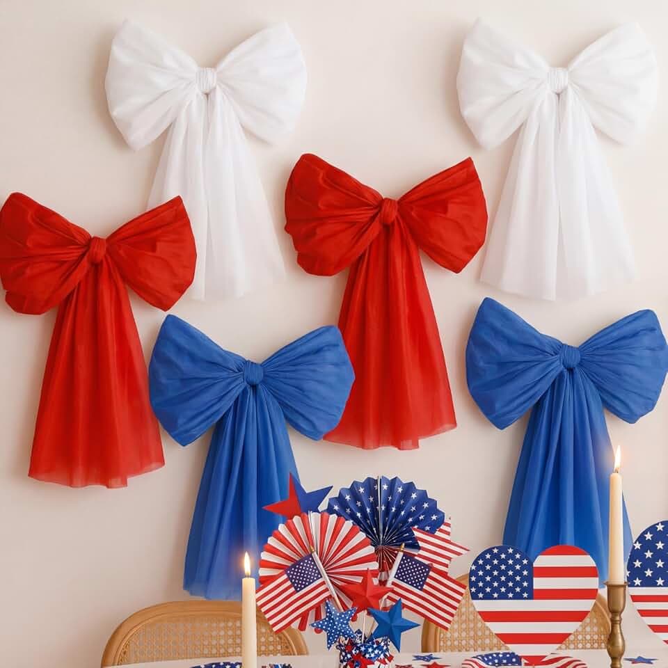 Frienda 9 Pcs 33 Inches 4th of July Giant Bows Decorations Patriotic Bow Hanging Decor 250th Anniversary Decoration Red White Blue Bow for America Independence Day Door Window