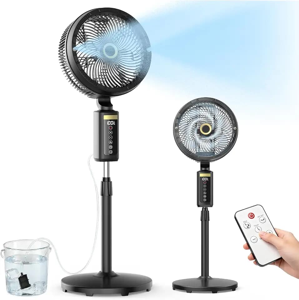 Outdoor Misting Fan with Water Pump, 30000mAh 12-Inch Outside Water Cooling Mister Fan for Patios Bedroom, Portable Standing Oscillating Fan with Mist System, Pedestal Fans with Remote/Spray/Timer
