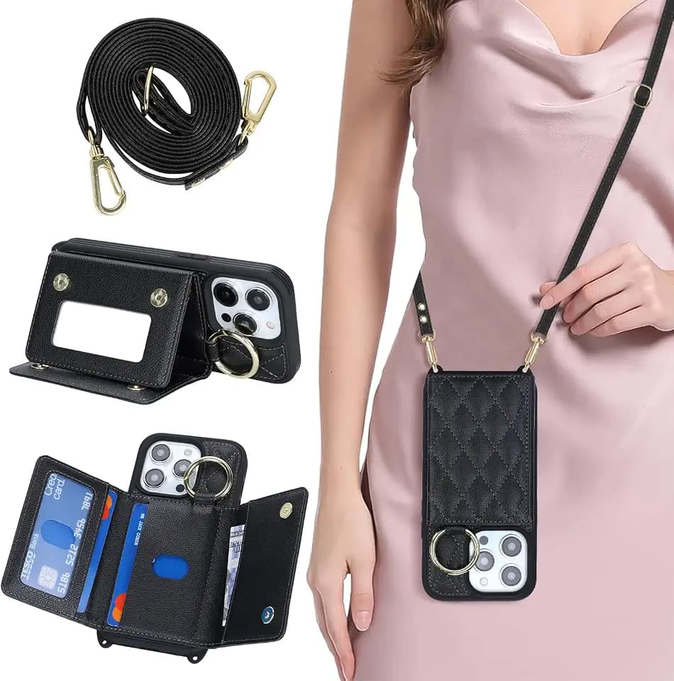 for iPhone 14 Pro Case with Card Holder and Strap, Black