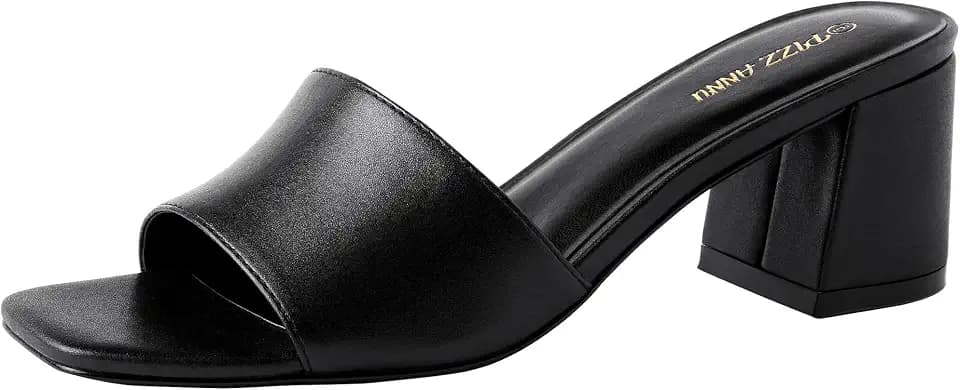 PIZZ ANNU Women's Square Open Toe Heels Sandals Low Block Chunky Heeled Sandal Slip on Mules Comfortable Casual Dress Pumps Shoes
