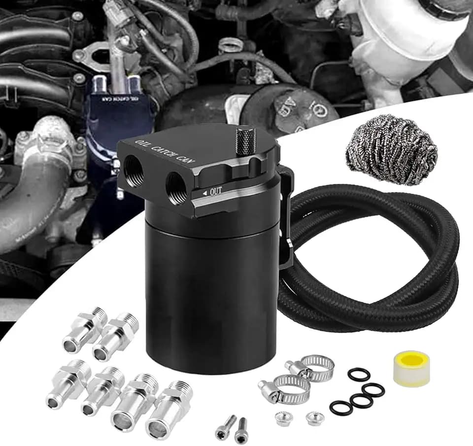 RULLINE Universal 350ml Oil Catch Can Tank 0046 Aluminum Polish Baffled Reservoir Black Upgraded Braided Hose