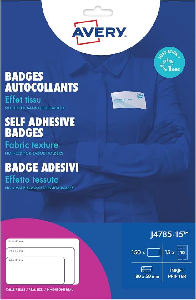Avery Selbstklebendes Badge aus Textil – 240 Badge, selbstklebend, Seide, Acetat, weiß, 40 x 75 mm, Laserdruck, selbstklebende Etiketten, personalisierbar, Kleidung – Abzeichen Avery