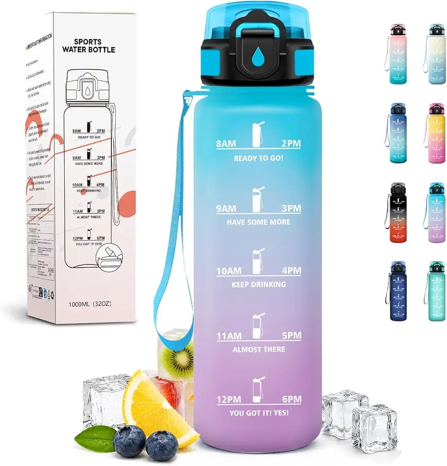 Trinkflasche 1L, Kohlensäure Geeignet, Wasserflasche Auslaufsicher, Trinkflasche Sport mit Zeitmarkierung, für Outdoor, Erwachsener, Büro
