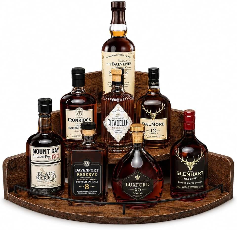Corner Liquor Bottle Display Shelf, Brown - 3-Tier Wood Whiskey Rack