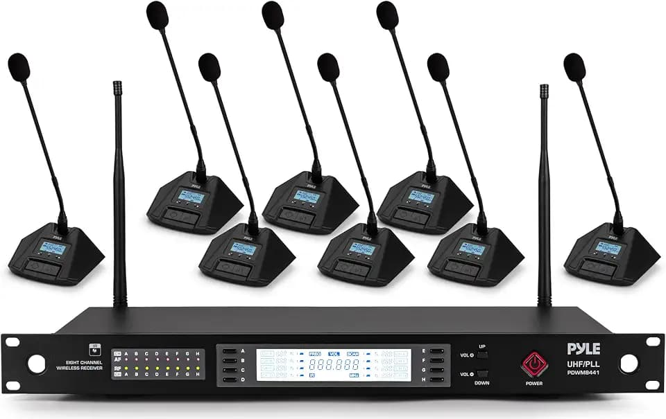 Pyle 8 Channel UHF Wireless Conference Microphone System with 8 Gooseneck Mics, 300 Ft Range, Selectable Frequencies & Rack Mount Receiver for Meetings, Presentations & Events