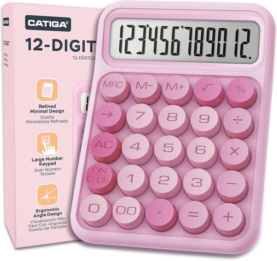 CATIGA Mechanical Switch Calculator, Pink Calculator with 12 Digit Large LCD Display & Big Buttons for Office Desk, Classroom Math, Back to School Supplies, Cute Aesthetic Desk Accessories