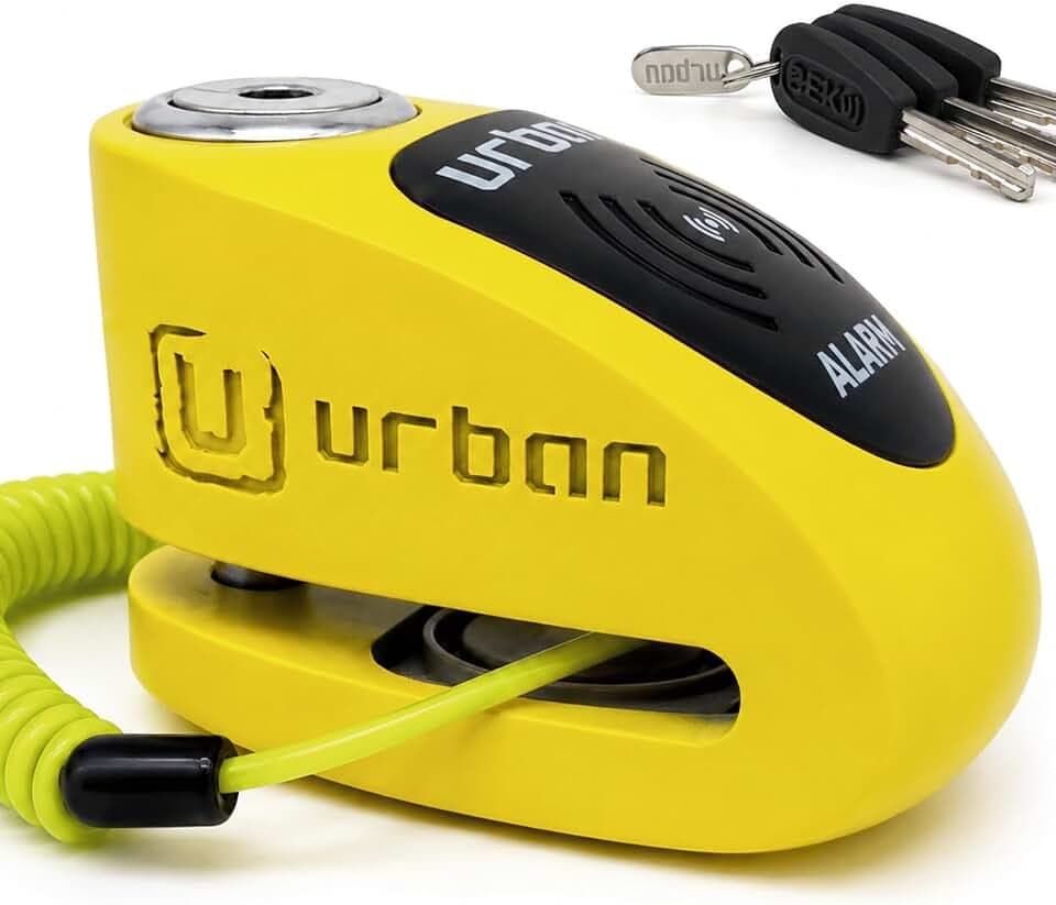 URBAN UR910Y Bremsscheibenschloss mit Alarm 120dB ON/OFF, Gelb+Schwarz Edelstahl lackiert +Abschreckend, SRA & Sold Secure Gold Zertifiziert, Doppelverriegelung Ø10 mm, Motorrad Schloss für Scooter