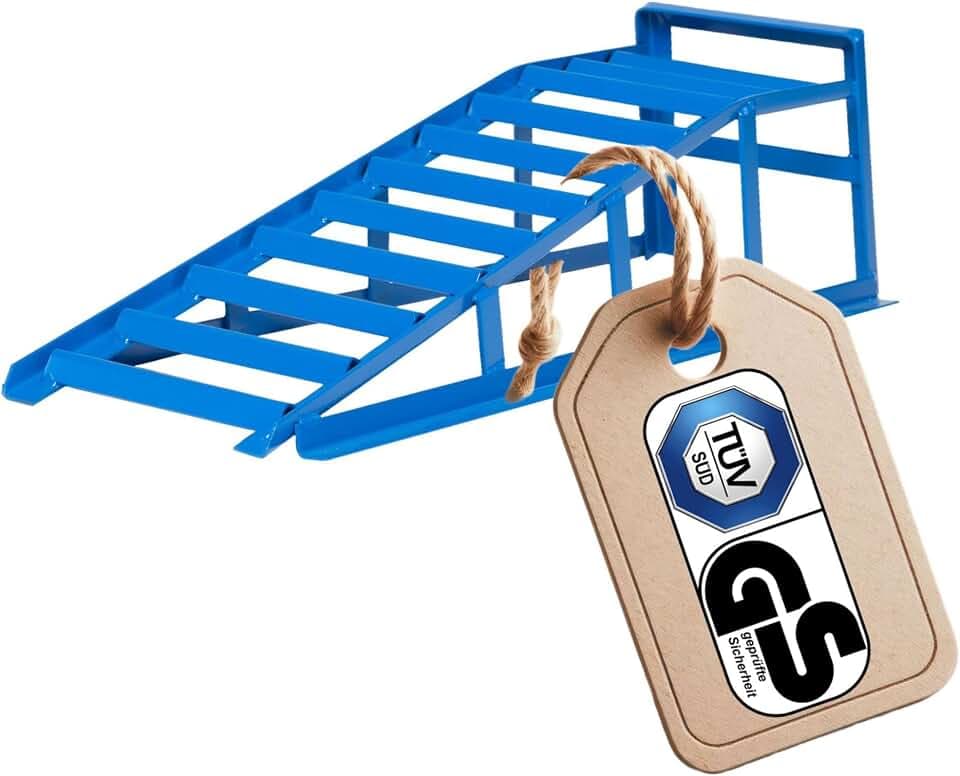 cartrend 10904 Auffahrrampe, blau, Tragkraft 1000 Kg, für Reifen bis 195mm Breite, mit Überfahrschutz 1 Stück, Hebebühne, KFZ Rampe, Auffahrbock, Hebeplattform,