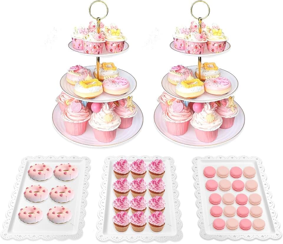 Cake Stand Set-5 Pcs Cupcake Stand Set-Dessert Table Display Set with 2xlarge 3-Tier Cupcake Stands + 3X Appetizer Trays Perfect for Wedding Baby Shower Home Birthday Tea Party Decoration(Round)