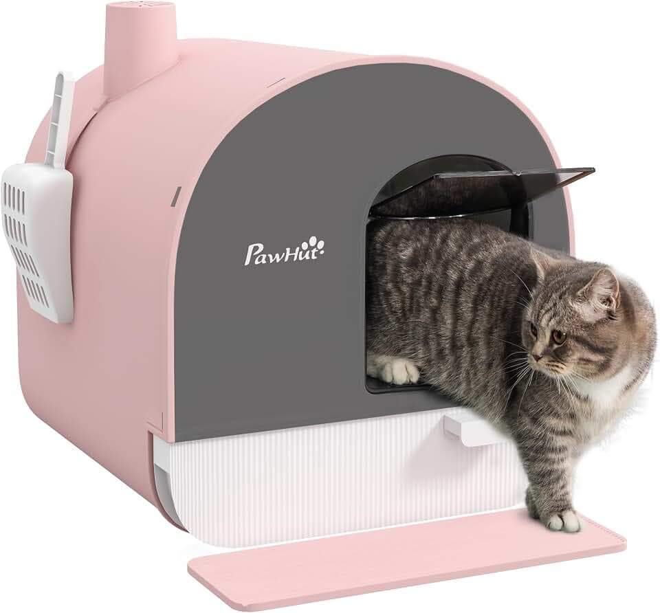 PawHut Katzentoilette mit Schwingtür, Schaufel und Filter, Maße 43 x 44 x 47 cm (L x B x H) – Rosa
