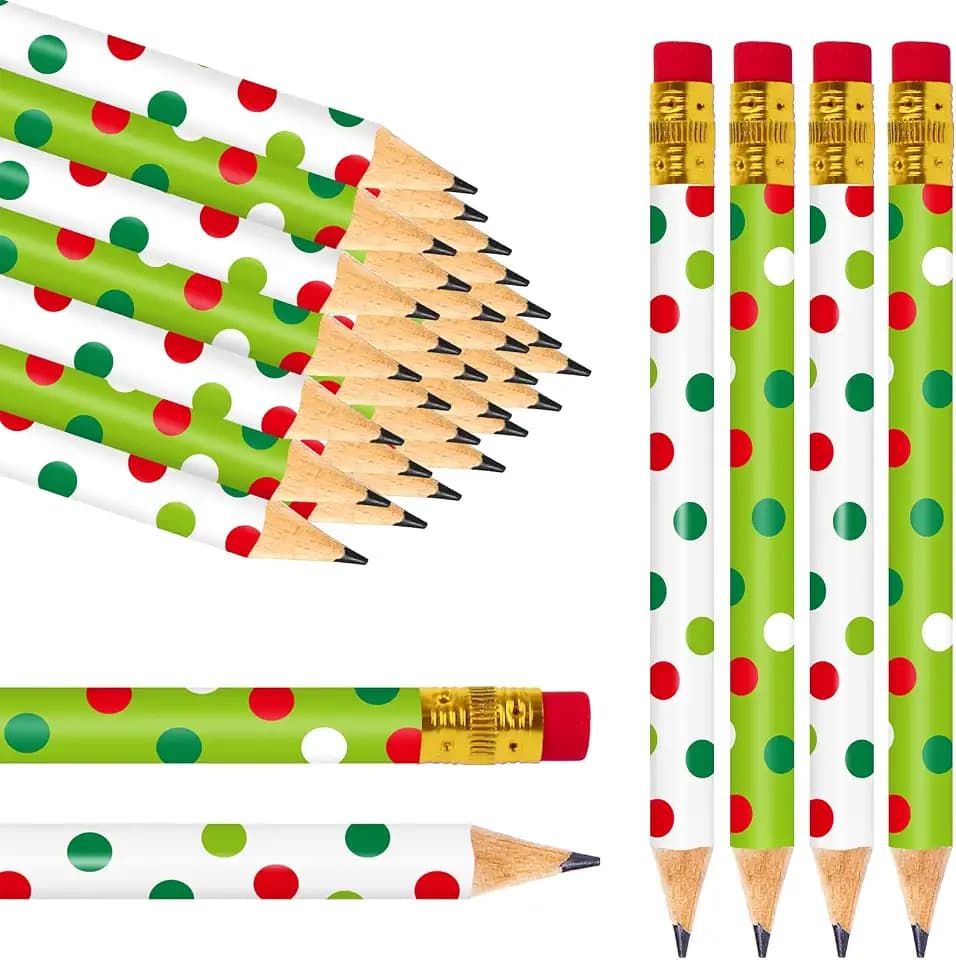 JarThenaAMCS 50 Pcs Christmas Short Pencil with Eraser 4 In White Green Dot Writing Pencil Wood Xmas Winter Half Pencils for Classroom Office Stationery Gift