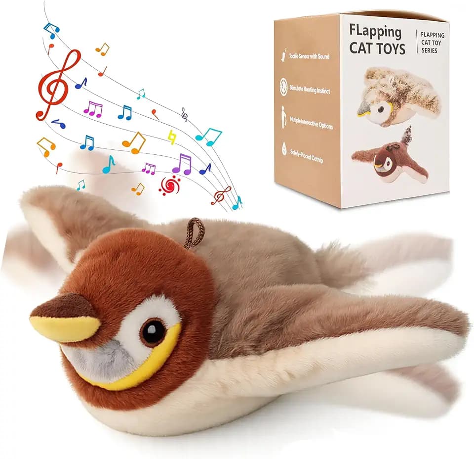 Upgraded Interactive Chirping Bird Cat Toys with Flapping Wings,No Flying Birds Cats Toy, Flying Simulation Electric Sparrow Shaking Hunting Pet Toy for Indoor-Larger