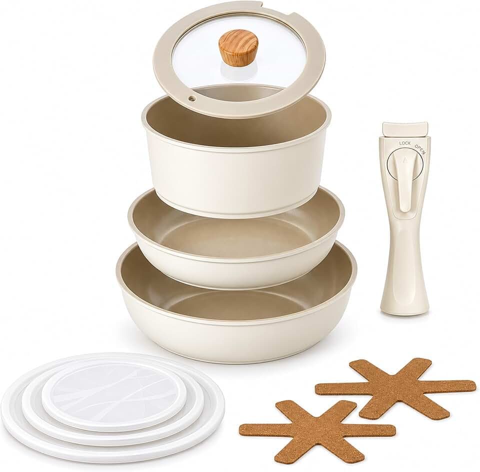 NEOFLAM® Pfannenset Topfset Induktion, abnehmbarer Griff 8-teilig, Antihaft-Keramik-Kochgeschirr-Set, Pfanne 24cm, Hochrandpfanne 26cm, Topf 20cm, Stapelbar, Platzsparend, für alle Herdarten, Ofenfest