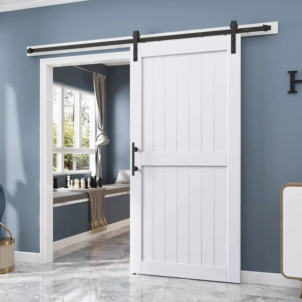 EaseLife 42 x 80 inch White Barn Door with 7FT Sliding Door Hardware Kit Included & Handle,Solid Wood Covered with Waterproof PVC Surface,DIY Assemblely,Easy Install,H-Frame,Fit 38-40in Wide Opening