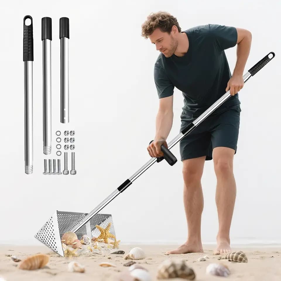 Sand Flea Rake for Beach - Detachable 47" Long Handle Sand Sifter Heavy Duty Stainless Steel Sand Scoop with 16" Width Basket Metal Detecting Tool with Anti Slip Handle for Collecting Shark Teeth