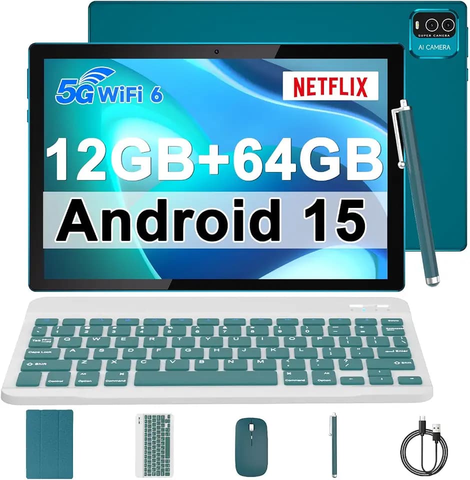 IWEGGO Android 15 Tablet, 10 inch 12GB RAM+64GB ROM 1TB Expand, 1.8Ghz Quad-core Processor, 8MP Camera 6000mAh Battery, 1280*800 HD Touchscreen, 2 in 1 Tablets with Keyboard Case Mouse Stylus Navyblue