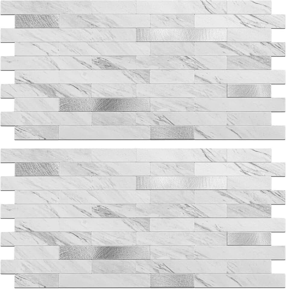 Peel and Stick Backsplash Tile Waterproof Removable PVC Wall Sticker 3D Faux Stone Marble Brick White Accent Panels (White Marble - Metal Silver, 40 Tiles - 18 sq. ft. (1.68 m²))