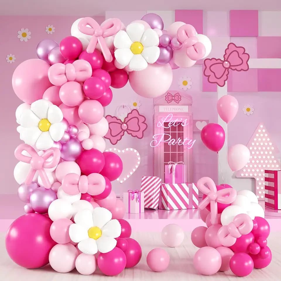 139pcs Pink Cartoon Cat Balloon Arch Kit with Hot Pink White Balloons