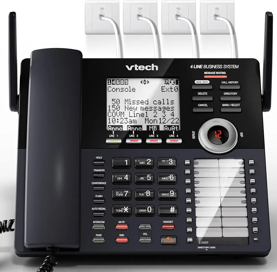 VTech AM18447 Main Console 4-Line Small Business Phone System - Expandable to 10 Stations, Digital Answering Machine, Auto Attendant, Intercom & Custom Music on Hold, Black