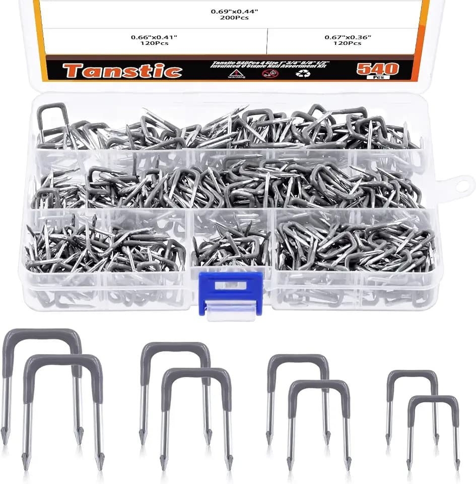 Tanstic 540 Pcs Insulated U Staple Nail Assortment Set with Storage Case, 4 Sizes Metal Cable Staple for Wood Fixing Wires Cables