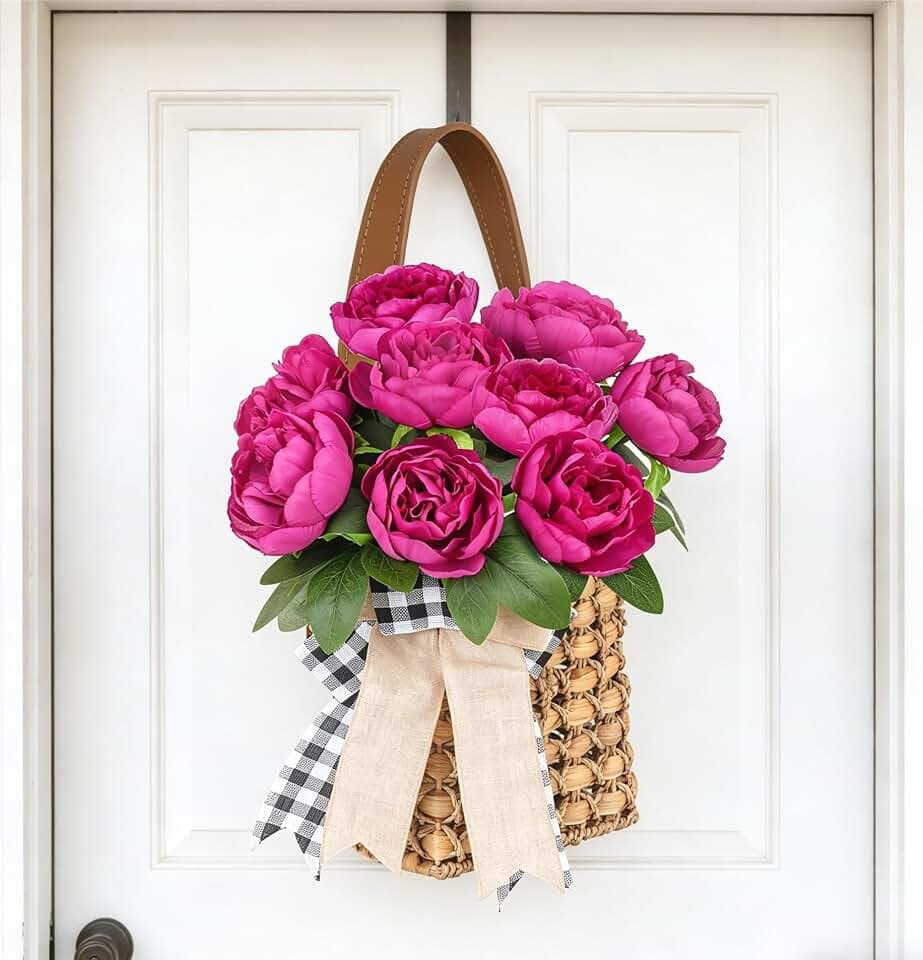 17in Hanging Wall Basket with 10 Pcs Artificial Peonies for Front Door