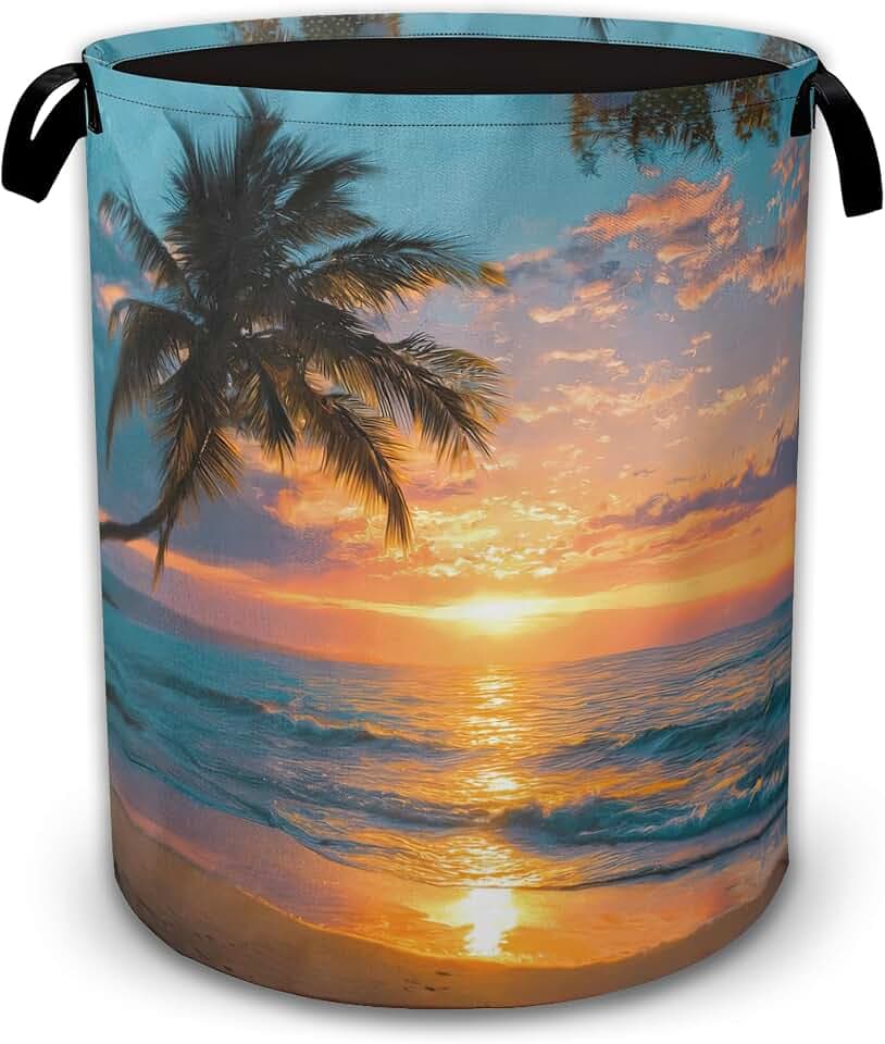 Tropical Palm Laundry Basket Collapsible with Handles,Sea Beach Sunset Waterproof Oxford Cloth Hamper,16 x 20.8 Inch Storage Organizer for Bathroom Bedroom Dorm