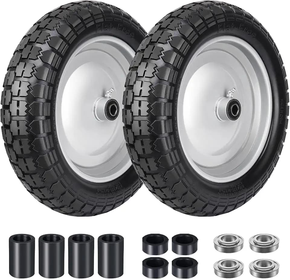 4.80/4.00-8 Tire, 14.5" Flat Free Wheelbarrow Tire and Wheel, 5/8" 3/4" Bearings Solid Replacement Tires, 3" -7" Centered Hub, Universal Fit 4.80/4.00-8, 3.50/3.00-8, 4.00-6, 2 Pack