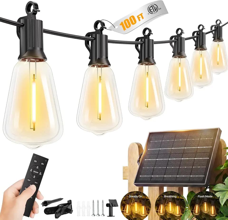 Brightown 100FT Solar String Lights Outdoor, 31+2 Shatterproof LED Bulbs