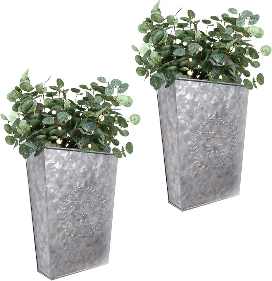 LESEN Verzinkter Metall-Wand-Pflanzgefäß, Landhaus-Wanddekoration, hängende Wandvase, Taschen-Pflanzgefäße, Blumenhalter, rustikale Wanddekoration, 2er-Set