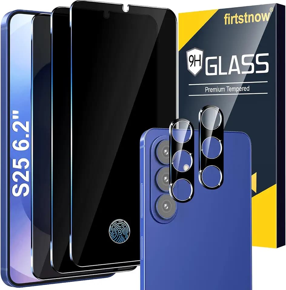 firtstnow 3 Pack Privacy Screen Protector for Samsung Galaxy S25 Tempered Glass + 2 Pack Camera Lens Protector, True 25°Anti Spy, 9H+ Hardness, Fingerprint Unlock, Case Friendly Bubble-Free 6.2 Inch