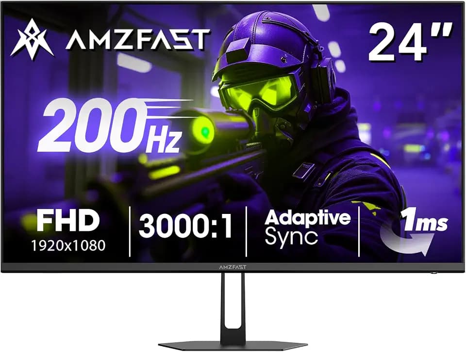 Amzfast 24 Inch Gaming Monitor 200Hz FHD 1080p Computer Monitor, 1ms Adaptive Sync, 3000:1, 129% sRGB, HDR Display, Eye Care, VESA 75x75, Metal Stand, HDMI 2.0 | DP 1.4, AMZG24X1