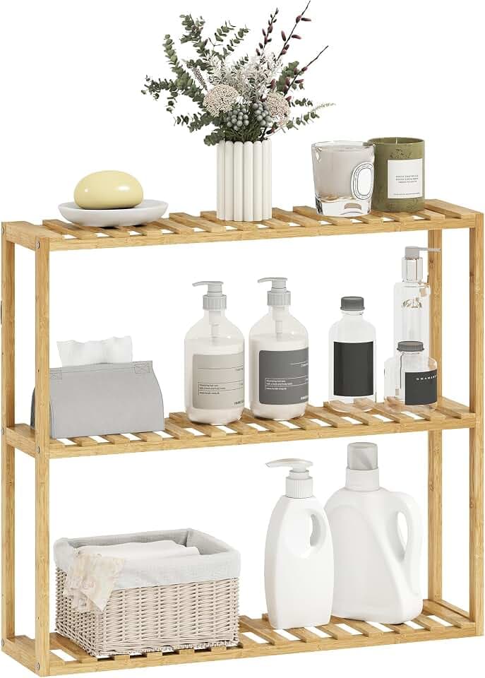 HOMCOM Aufbewahrungsregal aus Bambus, verstellbar, Badezimmerregal mit 3 Ebenen, freistehend oder Wandmontage, für Badezimmer, Schlafzimmer, Küche, Wohnzimmer, 60 x 15 x 54 cm, natürliche Holzoptik