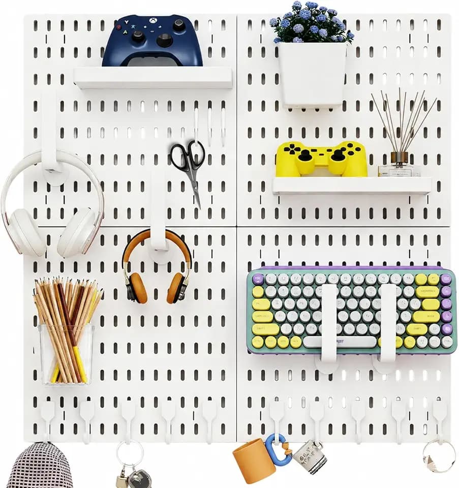 Stecktafel-Kombinationsset, Weiß Kunststoff Gitter Wand Komplettset mit 4 Fliesen,Zubehör für Gaming-Setup, Computertischzubehör Mit Halterungen & Haken,Headset-Ständer,Zubehör-Werkzeug-Aufbewahrungss