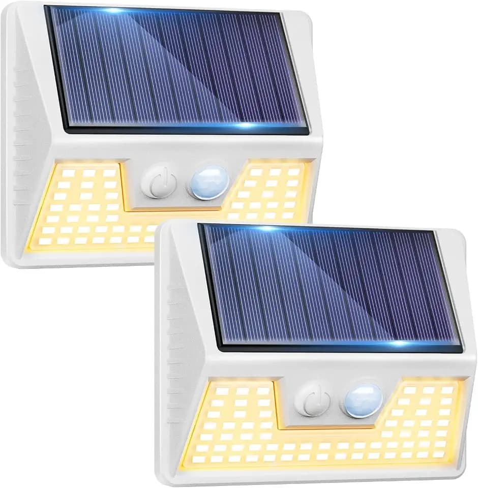 vighep 2Pack White Solar Lights Outdoor Motion Sensor, 3000K Warm Light/3 Lighting Modes, IP65 Waterproof Solar Powered Wall Lights Outside for Garden Fence Backyard Deck Driveway