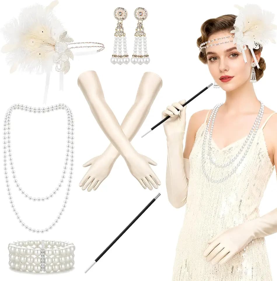 1920s 20er Jahre Great Gatsby Kostüm Zubehör Damen Accessoires Vintage Kostümzubehör mit Federstirnband Ohrringe Armband Handschuhe Halskette für Karneval Halloween