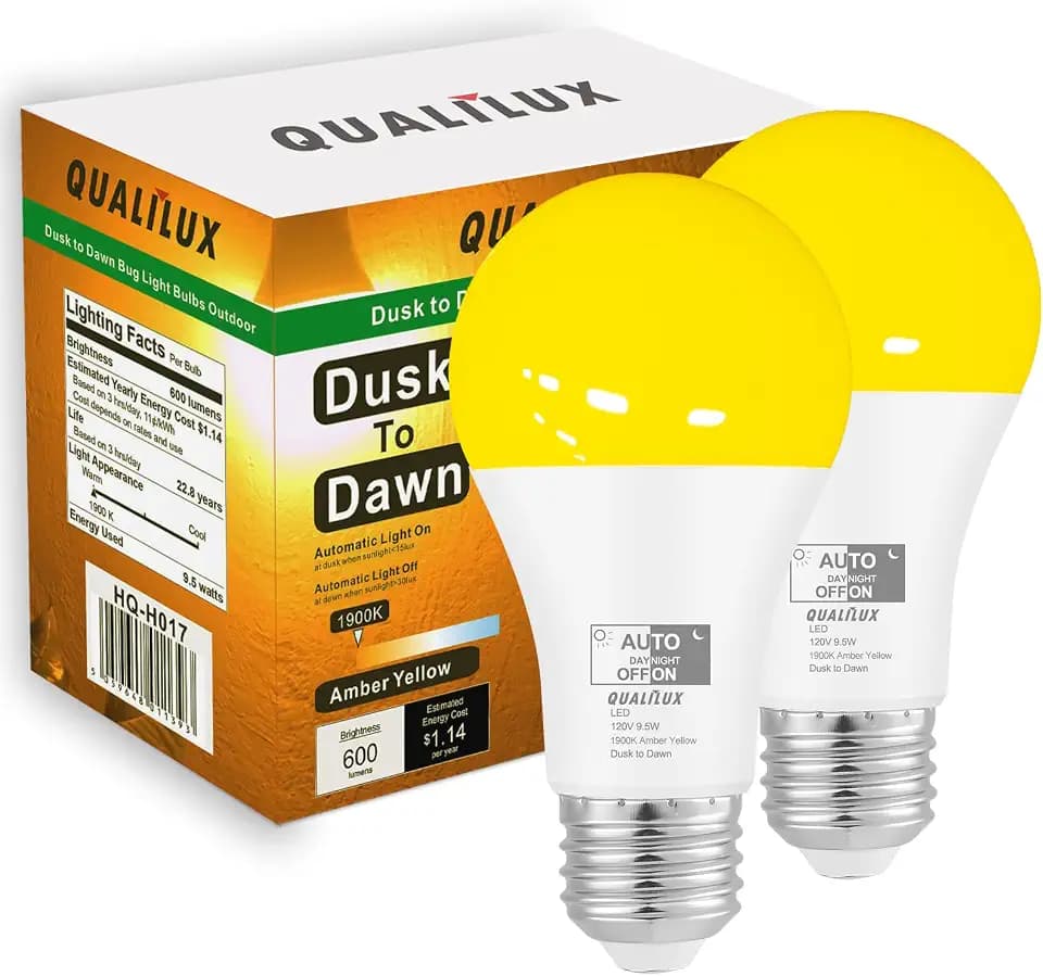 Qualilux Dusk to Dawn A19 LED Bug Light Bulbs Outdoor, 1900K Amber Yellow, 600 Lumen, LED 9.5W, E26, 2-Pack, HQ-H017