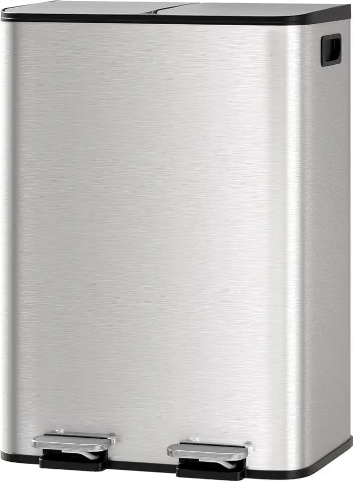 Garvee Double Trash Can, 2 x 8 gal (2 x 30 L) Garbage Can for Kitchen Dual Compartment Recycling Kitchen Step Trash Bin, Stainless Steel Trash and Recycle Bin Combo with Soft-Close Lid,Silver