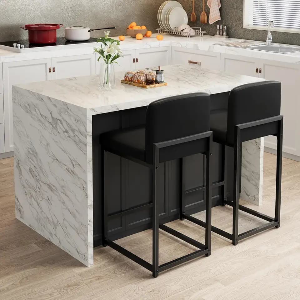 IDEALHOUSE Modern Bar Stools Set of 2, PU Leather Counter Height Barstools with Back, Upholstered Bar Chairs for Kitchen Island & Home Bar, Metal Frame, Black