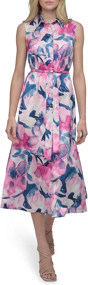 DKNY Women's Satin Sleeveless Collared Button Front Midi Shirtdress