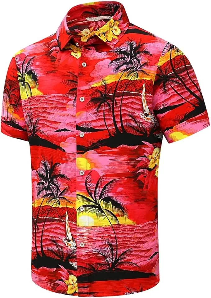 SheLucki Hawaiian Shirt for Men, Unisex Summer Beach Casual Short Sleeve Button Down Shirts, Printed Palmshadow Clothing