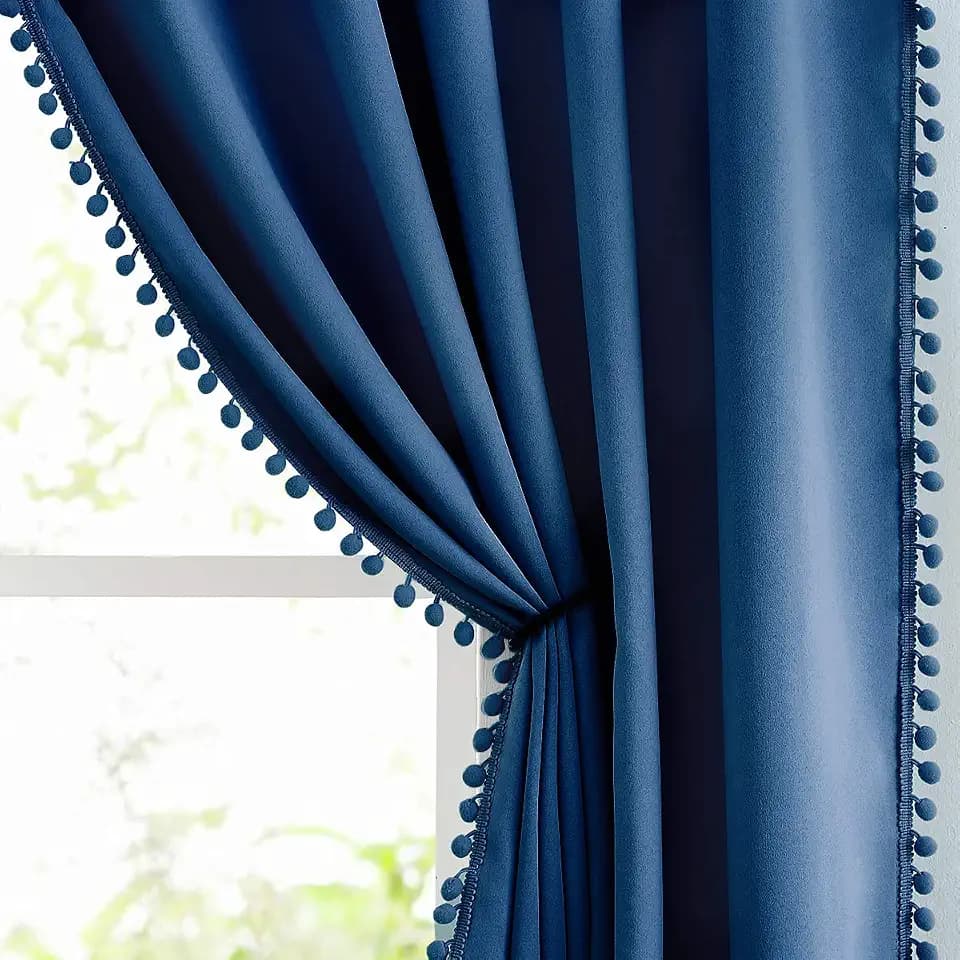 Pom Pom Curtains 84" Navy Royal Blue Blackout Curtains Bedroom Windows Drapes Triple Weave Thermal Insulated Curtain Panels for Men Boys Nursery Room Studio Hotel 52"w x2 Panels Rod Pocket